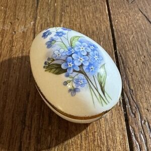 Vtg Porcelain Oval Egg Jewelry Trinket Box Gold Trim Flower Bone China England